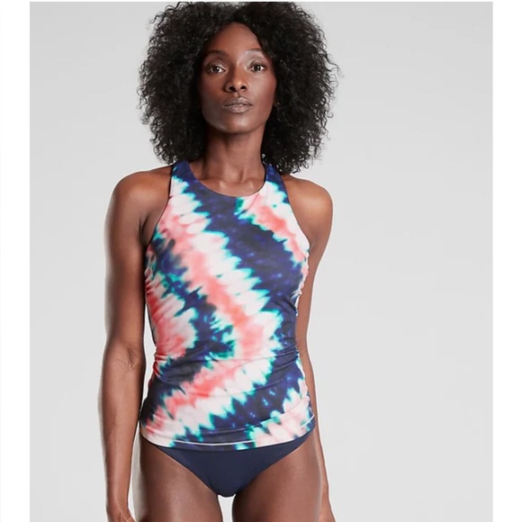 ⛱️Athleta Tie Dye High Neck Tankini Swim Top Size 36 B/C Blue Pink White⛱️ - Picture 1 of 8